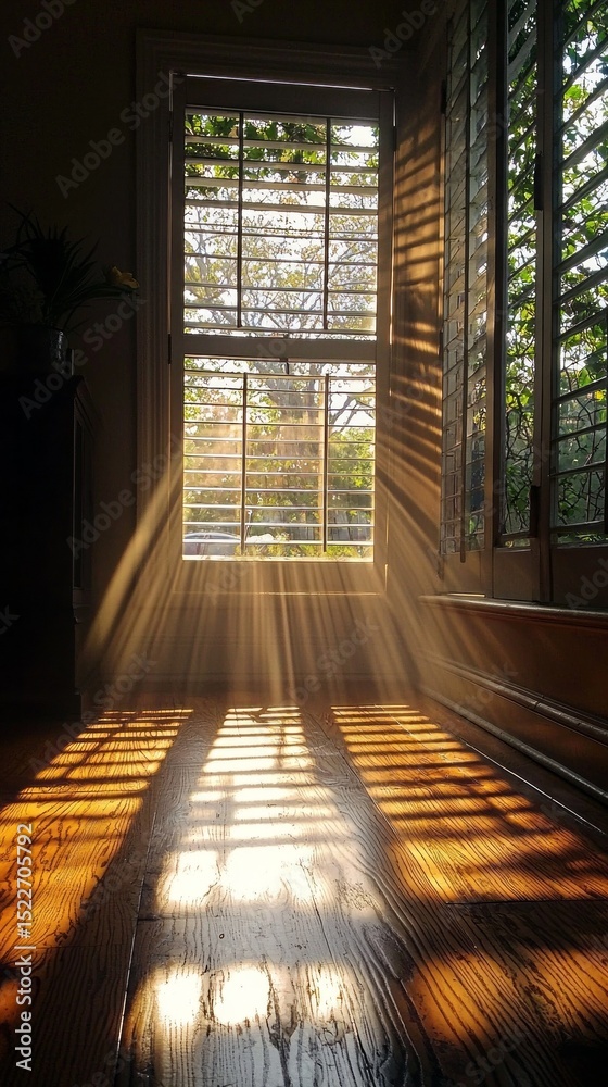 Poster soft morning sunlight streams through windows, illuminating wooden floors and creating a serene atmo