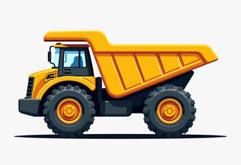 Simple and bold vector icon of a dump truck in flat design, featuring black outlines and colorful solid fills, ideal for construction signage, app interfaces, and educational graphics
