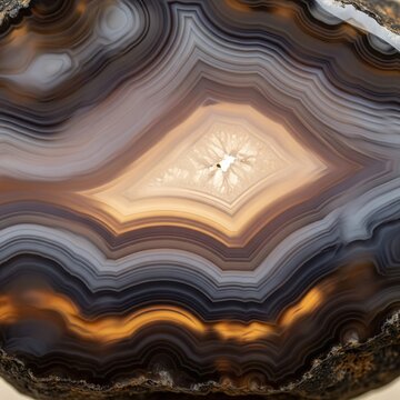 Mesmerizing close-up of a polished agate stone displaying dark brown, orange, and white bands, centered by a luminous crystalline formation