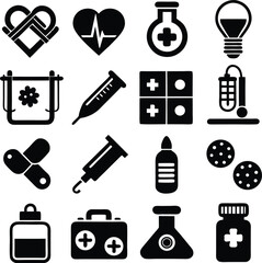 Collection of black and white medical and healthcare icons