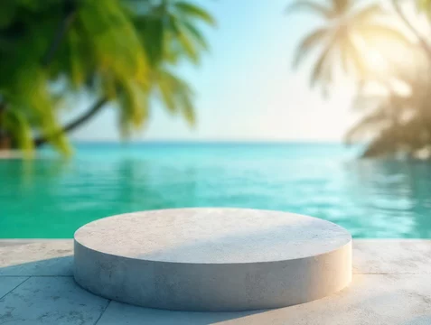 Minimal Concrete Display Stand with Tropical Lagoon Backdrop