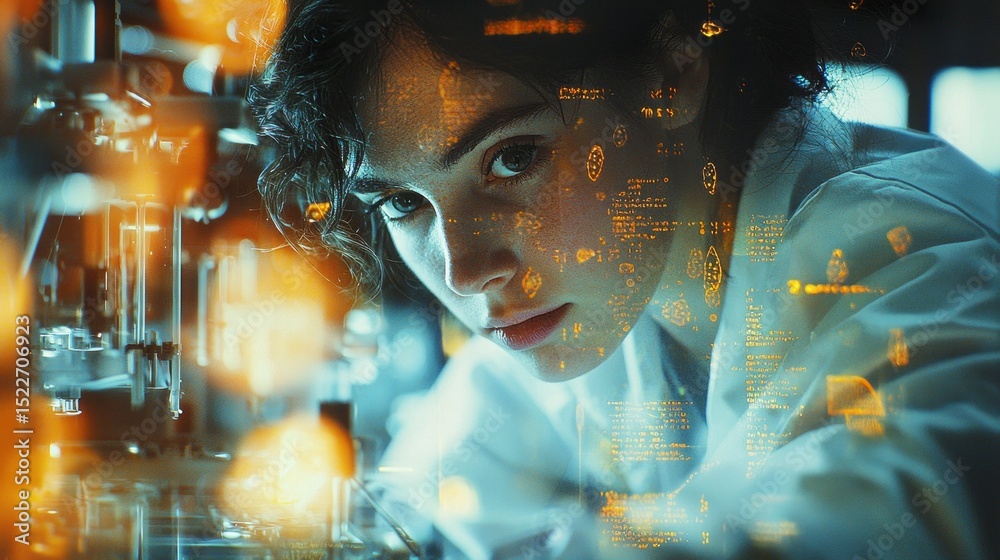 Poster scientist conducting research in laboratory with advanced technology and equipment in a focused envi