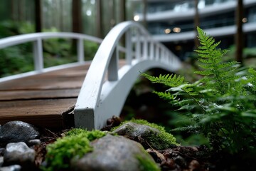 A quaint white wooden bridge gracefully arches over a serene stream, surrounded by lush greenery, enhancing the tranquil ambiance of the forest setting.