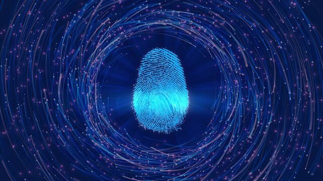 Futuristic fingerprint digital data streams personal identification security, biometric cyber security systems, transfer technology, identity data protection, authentication, biometrics. innovations.