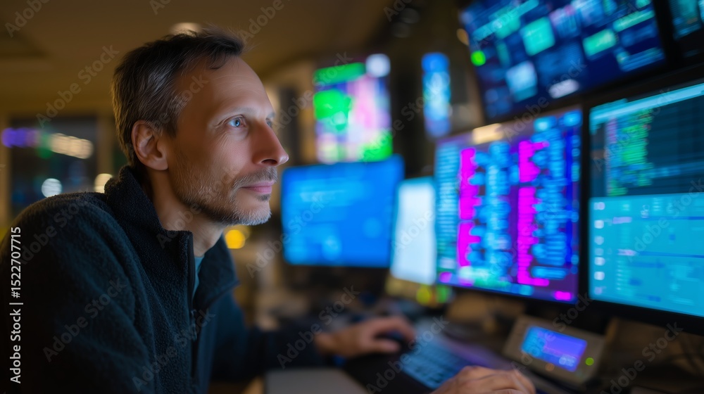 Poster professional man analyzing data on multiple monitors in a control room during evening hours focused 