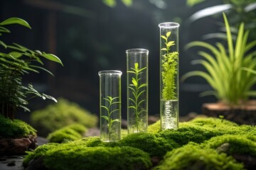 Serene Indoor Garden with Seedlings in Glass Test Tubes on Moss