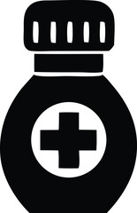 Black and white illustration of a medicine bottle with a cross