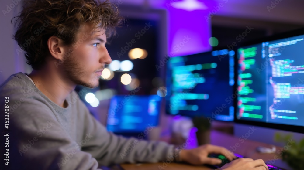 Poster young man programming at night with multiple computer monitors in a tech workspace