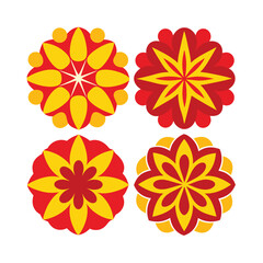 Four decorative floral circular geometric patterns with red yellow and orange colors