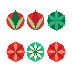 Geometric floral designs in vibrant red green and white colors on a clean white background