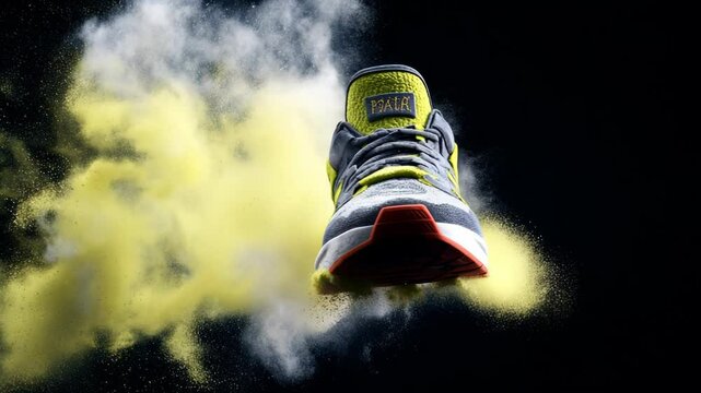 A basketball shoe floating mid-air for a commercial and product advertisement video shoot, with sand and smoke alongside it, minimalism effect 