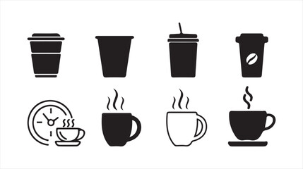 Hot Beverage Cup Icon Set – Black and White Vector Illustrations of Coffee and Tea Cups. Victor illustration eps 10