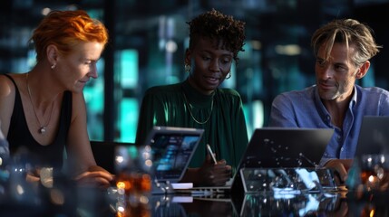 Three colleagues working together on laptops during a meeting in a modern office space