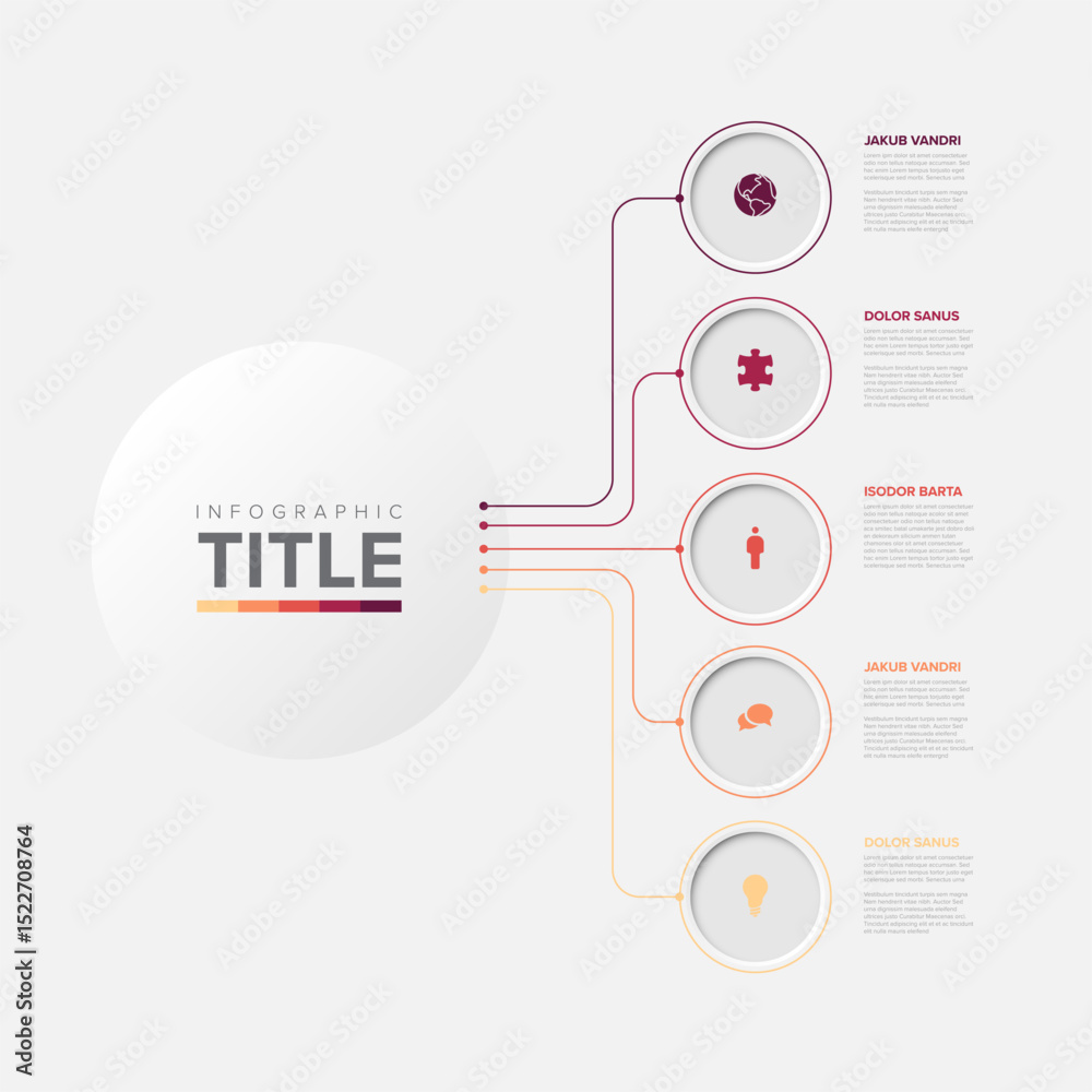 Poster vertical infographic template featuring five distinct steps with icons and text placeholders. use th