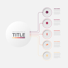 Vertical infographic template featuring five distinct steps with icons and text placeholders. Use this versatile infographic template to visualize data, processes, or lists in a clear vertical layout