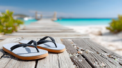 Obraz premium Flip flops resting on a wooden pier, overlooking a serene beach with turquoise waters and a clear sky, evoking a sense of relaxation and summer vibes. Selective focus