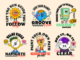 Colorful cartoon mascot set with retro groovy style. Motivational characters like sun, planet, money, compass, paintbrush & crystal ball with fun and inspiring quotes. Vector illustration