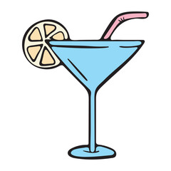 Martini glass with lemon and straw. Beach cocktail. Simple hand drawn vector doodle illustration isolated on white background for print, icon, sticker
