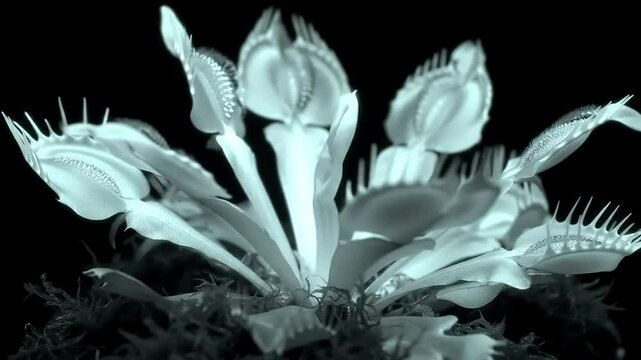 Close-up view of a Venus Flytrap plant with its unique trapping mechanism in monochrome