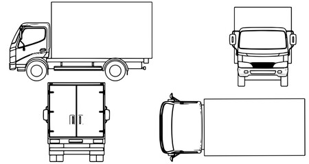 Box Truck Blueprint: Side, Front, Rear, and Top Views for Logistics & Delivery Design © layan