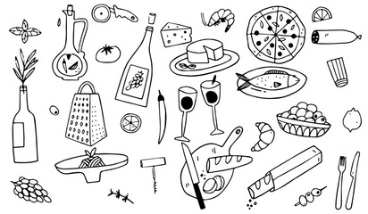 Hand-Drawn Italian Cuisine & Cooking Essentials: Food, Wine, Cheese, Pizza, and Kitchen Tools