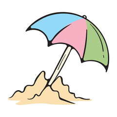 Beach umbrella in the sand on the seashore. Simple hand drawn vector doodle illustration isolated on white background for print, icon, sticker