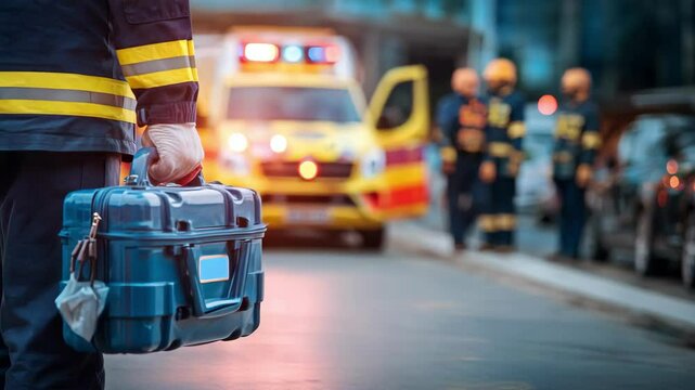 Emergency medical response: paramedic with equipment in front of ambulance