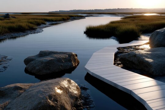 A unique white boardwalk meanders through tranquil marshland, reflecting the soft golden hues of sunset and inviting peaceful exploration of the serene natural environment.