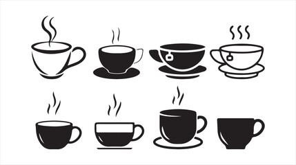 Hot Beverage Cup Icon Set – Black and White Vector Illustrations of Coffee and Tea Cups. Victor illustration eps 10