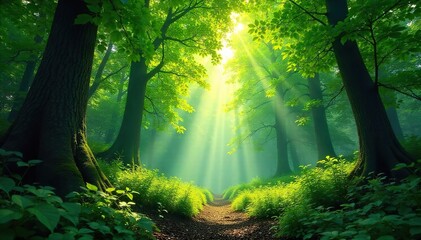 Lush green canopy of a vibrant forest, sunlight dappling through leaves, creating a magical atmosphere Perfect for nature, environmental, and travel projects , botanical, woods
