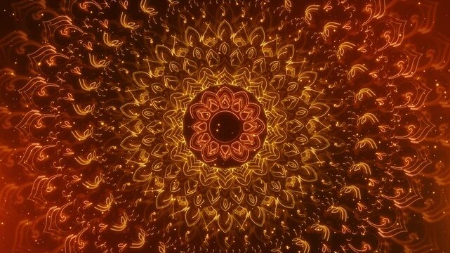 Golden Mandala Pattern Radiating Abstract Light spiritual, Festival background animation for yoga event, music festival vj performance luxurious, patterns celebration, tradition, cultural richness.