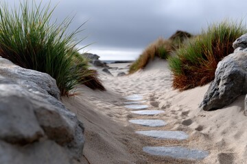 A sandy pathway meanders through lush grassy dunes, leading the eye towards a tranquil beach scene under a cloudy sky, inviting exploration and adventure.