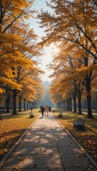 Sunlit Autumn Park Path with Golden Trees and Figures