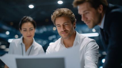 A team designing a satellite in a modern office