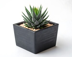 Zebra Haworthia Succulent in Charcoal Square Planter on White Background