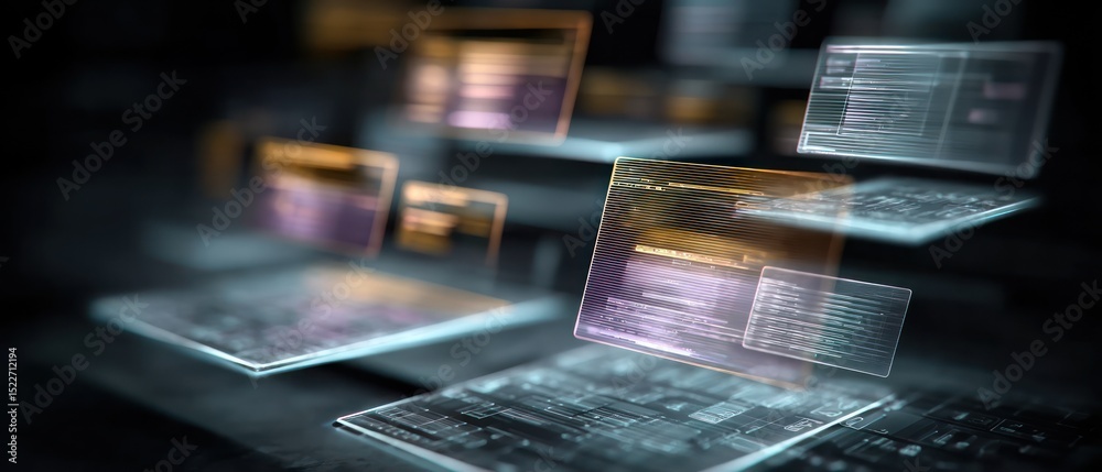 Poster floating computer screens with code