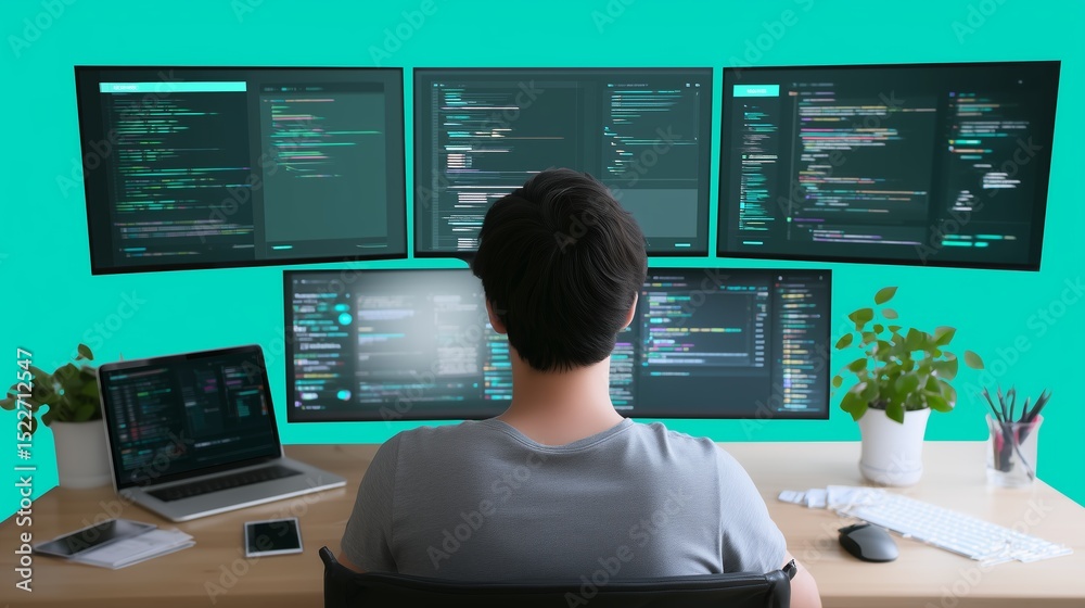 Poster young developer working with multiple computer monitors in a modern workspace during the day