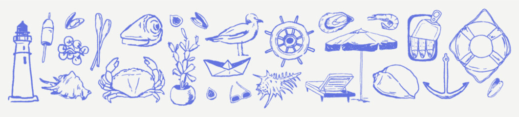 Italian marine drawing set. Hand drawn chalk scribble sketched vector illustrations.Summer sea nautical vacation elements in grunge crayon rough sketch. Watercolor, charcoal texture for design.	