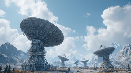 Large satellite dishes in mountainous landscape