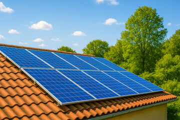 Rooftop solar panels installed on a terracotta-tiled house under a bright blue sky&mdash;symbolizing renewable energy, eco-conscious living, and the transition toward sustainable, green technology