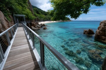 Obraz premium A scenic boardwalk gently curves along a pristine beach, revealing clear turquoise waters and inviting granite boulders, exuding a sense of serenity and natural beauty.