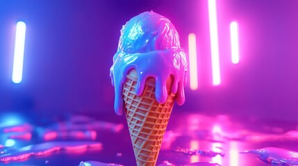 Melting neon ice cream in crispy waffle cone, futuristic food design, pop art color palette, vibrant dessert concept.