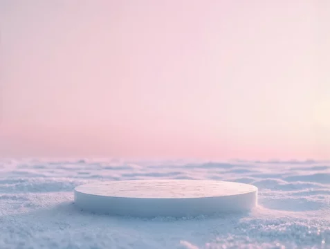 Frosted Glass Podium on Snowfield Under Pink Dawn Sky