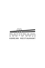 Minimalistic vector logo of a Korean restaurant with linear inscription “namnam” stylized as noodles with chopsticks