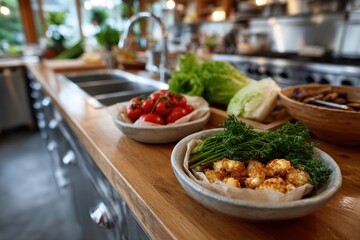 A beautifully arranged assortment of fresh vegetables, including lettuce, tomatoes, and herbs, set on a wooden kitchen countertop ready for culinary creations.