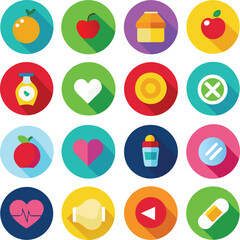 Collection of colorful flat design icons representing health wellness and lifestyle choices