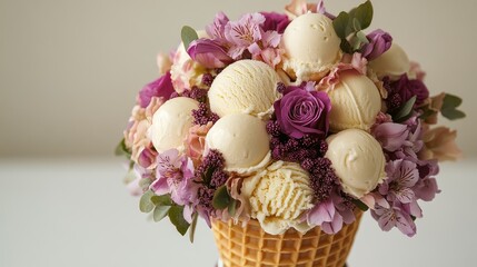 Waffle cone bouquet filled with mini ice cream scoops and edible flowers, romantic gourmet dessert presentation.