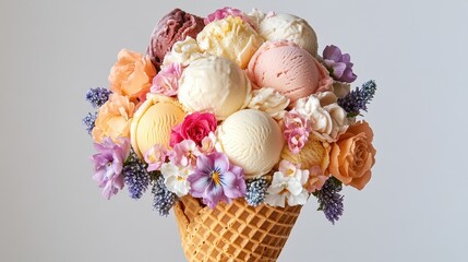 Waffle cone bouquet filled with mini ice cream scoops and edible flowers, romantic gourmet dessert presentation.