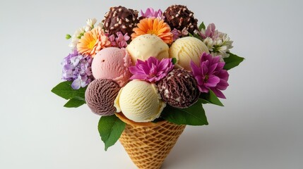 Waffle cone bouquet filled with mini ice cream scoops and edible flowers, romantic gourmet dessert presentation.
