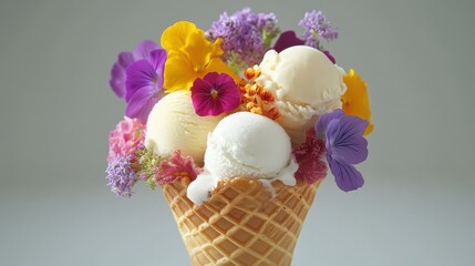 Waffle cone bouquet filled with mini ice cream scoops and edible flowers, romantic gourmet dessert presentation.
